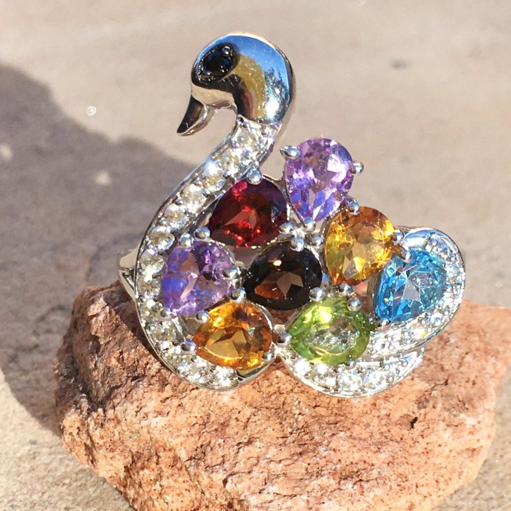 Genuine Multigem Swan Ring .925 Sterling Silver Amethyst Topaz Peridot Garnet